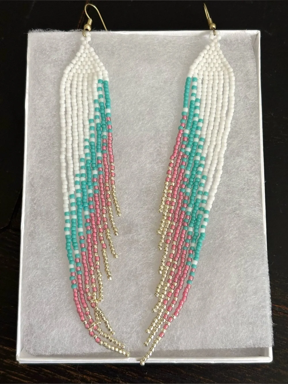 White Turquoise Pink Gold Long Fringe Beaded Earrings Cowgirl Boho Festival Wear
